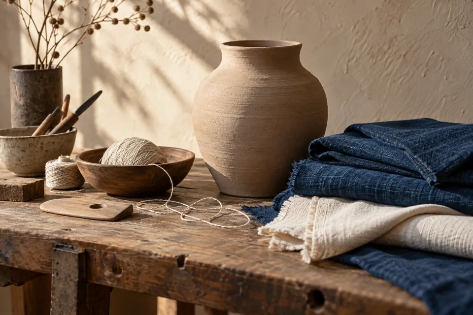 Illustrative studio still life of plain cloth, thread and clay; not documentary imagery of this culture.